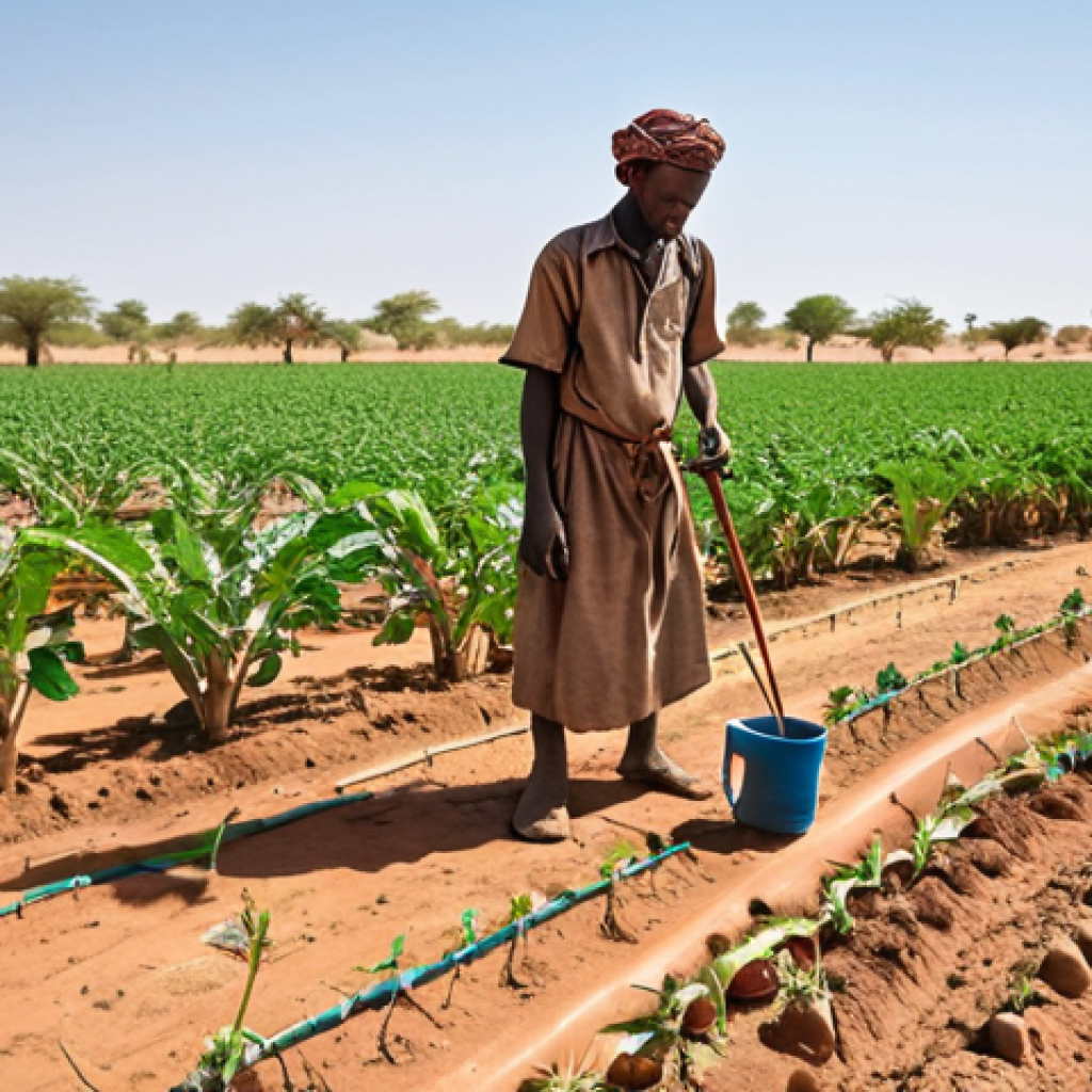 **Drought-Resistant Farming in Mali:** A vibrant image showing farmers in Mali using drip irrigation in a dry, arid landscape. Feature drought-resistant crops flourishing, with a clear blue sky and a sense of hope and resilience.