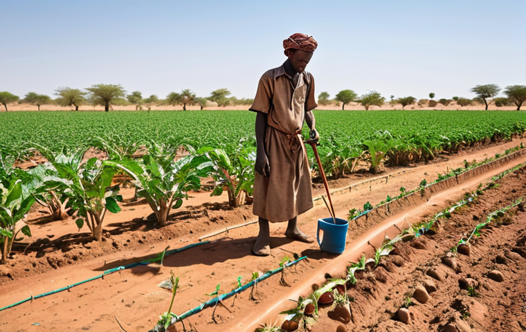 **Drought-Resistant Farming in Mali:** A vibrant image showing farmers in Mali using drip irrigation in a dry, arid landscape. Feature drought-resistant crops flourishing, with a clear blue sky and a sense of hope and resilience.