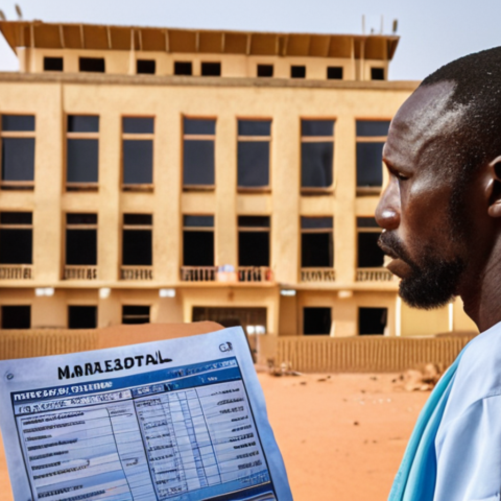**A worried tourist in Mali, looking at a large medical bill. In the background, a basic hospital. Focus on the financial anxiety. Style: Realistic.** (Focus: Unexpected Medical Expenses)
