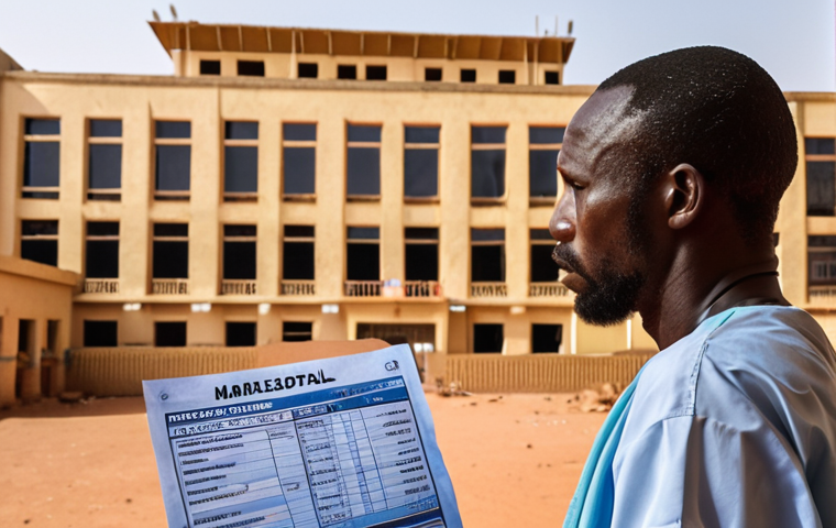 **A worried tourist in Mali, looking at a large medical bill. In the background, a basic hospital. Focus on the financial anxiety. Style: Realistic.** (Focus: Unexpected Medical Expenses)