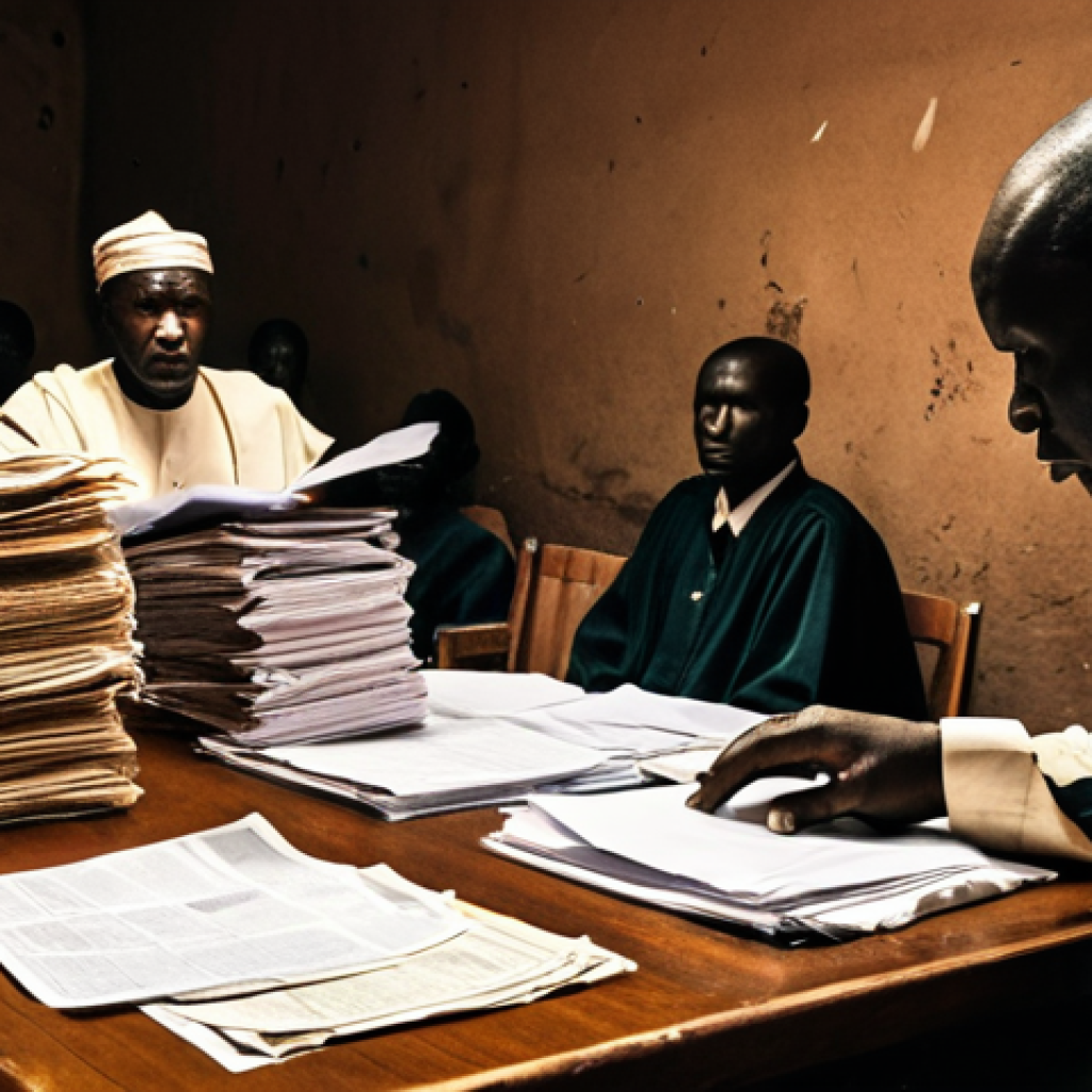 **
Prompt: "A courtroom scene in Mali. Dimly lit, showing a judge looking overwhelmed by stacks of paperwork. In the foreground, a visibly frustrated villager attempts to plead their case, showcasing the inaccessibility of justice. Subtle hints of corruption and institutional fragility. Style: Documentary photography, gritty realism."
**