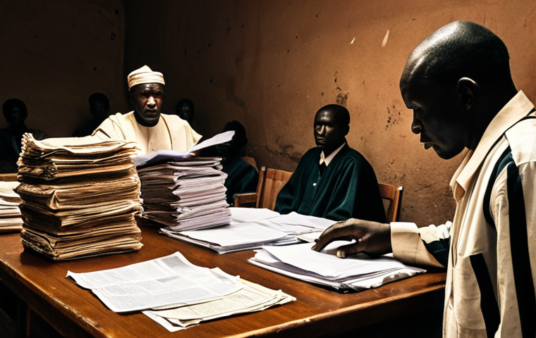 **
Prompt: "A courtroom scene in Mali. Dimly lit, showing a judge looking overwhelmed by stacks of paperwork. In the foreground, a visibly frustrated villager attempts to plead their case, showcasing the inaccessibility of justice. Subtle hints of corruption and institutional fragility. Style: Documentary photography, gritty realism."
**
