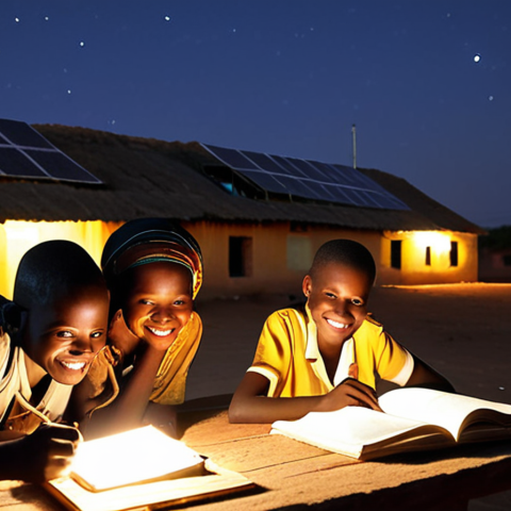 **
A rural Malian school at night, brightly lit by solar panels. Children are studying with smiles, free from kerosene lamps. Shows hope and progress. Focus on the transformative power of solar energy for education.
**