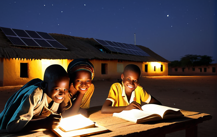 **
A rural Malian school at night, brightly lit by solar panels. Children are studying with smiles, free from kerosene lamps. Shows hope and progress. Focus on the transformative power of solar energy for education.
**