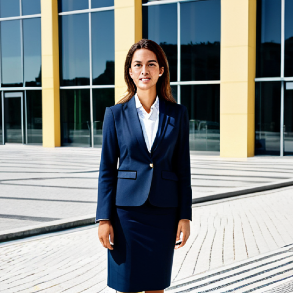 **

"A fully clothed businesswoman in appropriate professional attire, standing confidently in front of a modern office building in Lisbon, Portugal. The scene is bright and professional, with perfect anatomy and natural proportions. Safe for work, appropriate content, family-friendly, high-quality photography."

**
