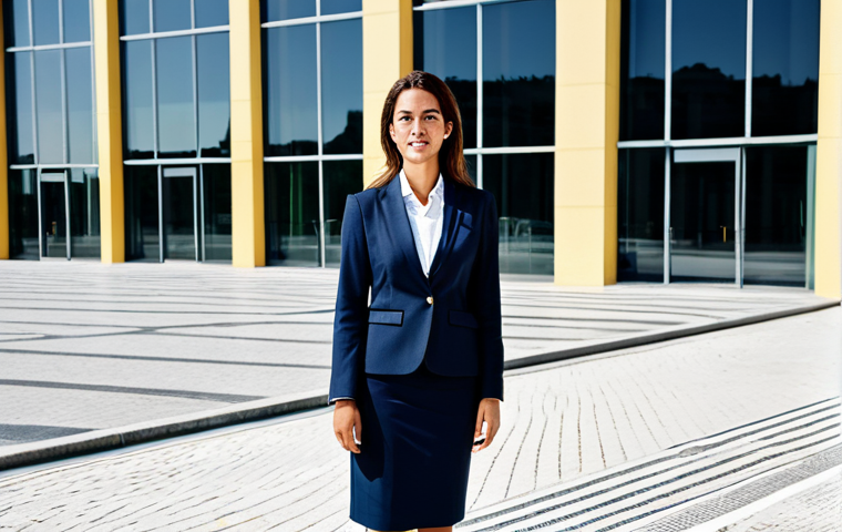 **
"A fully clothed businesswoman in appropriate professional attire, standing confidently in front of a modern office building in Lisbon, Portugal. The scene is bright and professional, with perfect anatomy and natural proportions. Safe for work, appropriate content, family-friendly, high-quality photography."
**