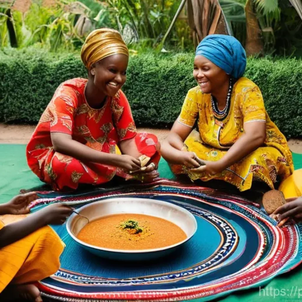 말리에서 먹어야 할 음식 - **Malian Communal Feast:** A vibrant and warm scene depicting a Malian family or group of friends ga...