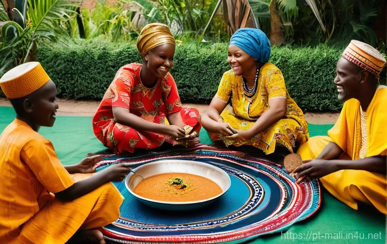 말리에서 먹어야 할 음식 - **Malian Communal Feast:** A vibrant and warm scene depicting a Malian family or group of friends ga...