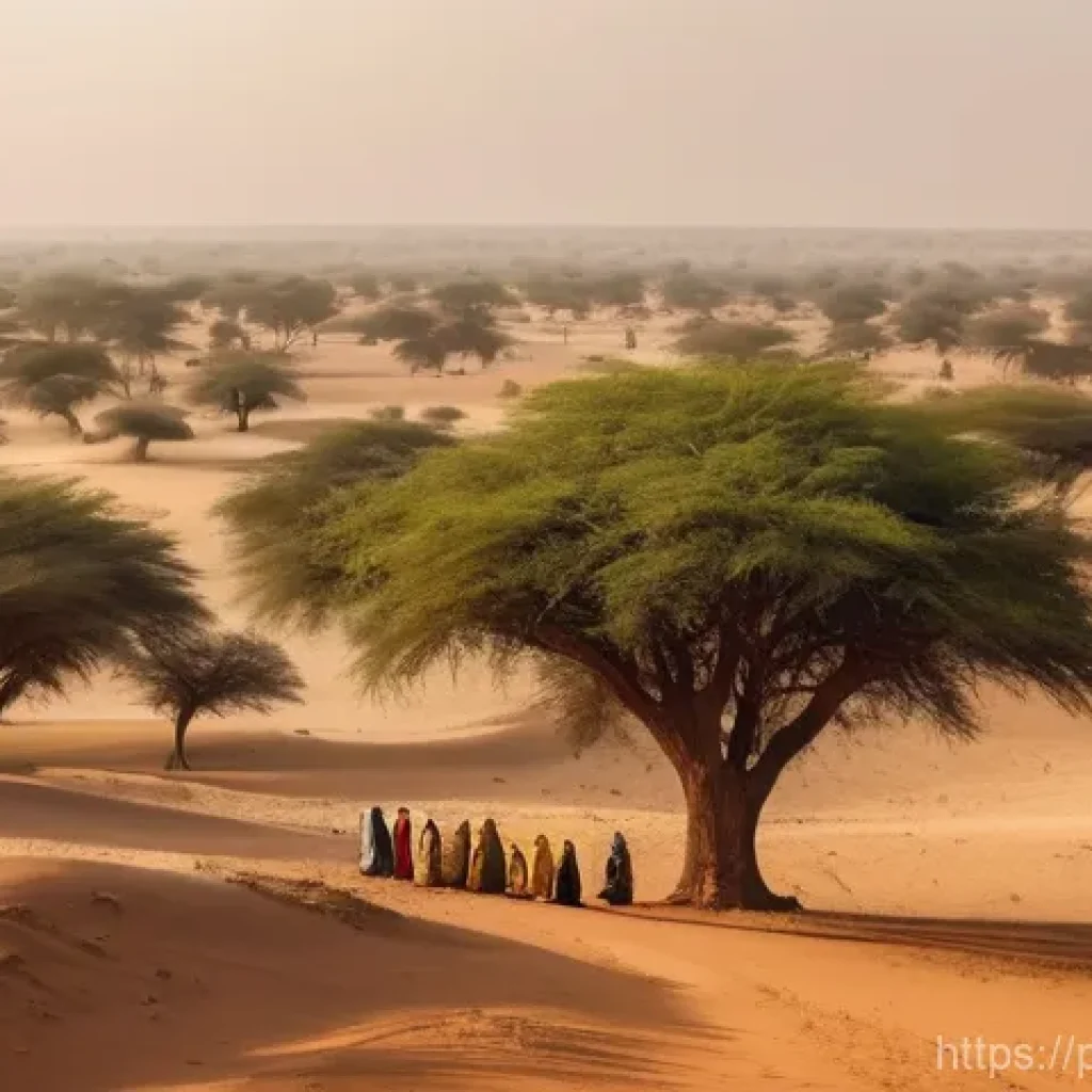 말리와 알카에다 연계 조직 - **Prompt:** A wide, panoramic shot of the Sahel region, characterized by vast, arid plains, sparse a...