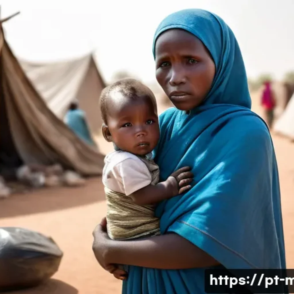 말리의 사회적 문제와 갈등 - **Prompt:** A poignant scene depicting a displaced Malian family in a makeshift camp. A young mother...