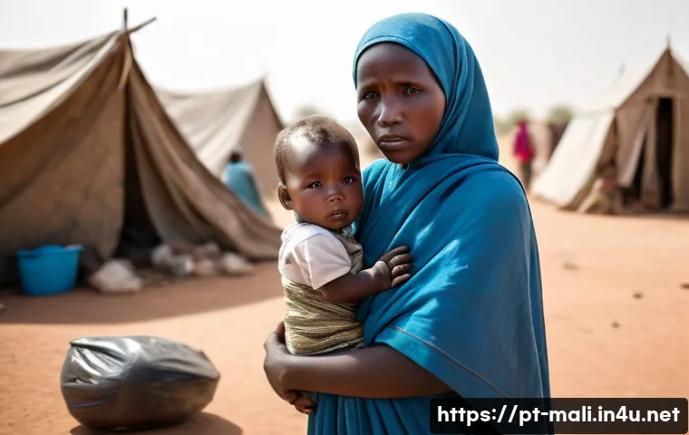 말리의 사회적 문제와 갈등 - **Prompt:** A poignant scene depicting a displaced Malian family in a makeshift camp. A young mother...