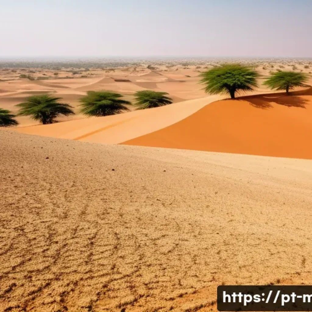 말리와 사하라 사막화 문제 - A vast arid landscape in the Sahel region, showing cracked, dry soil with sparse patches of wilted m...