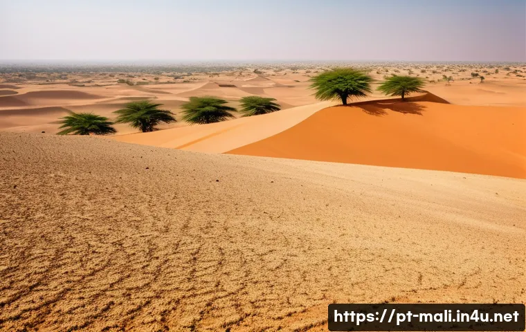 말리와 사하라 사막화 문제 - A vast arid landscape in the Sahel region, showing cracked, dry soil with sparse patches of wilted m...