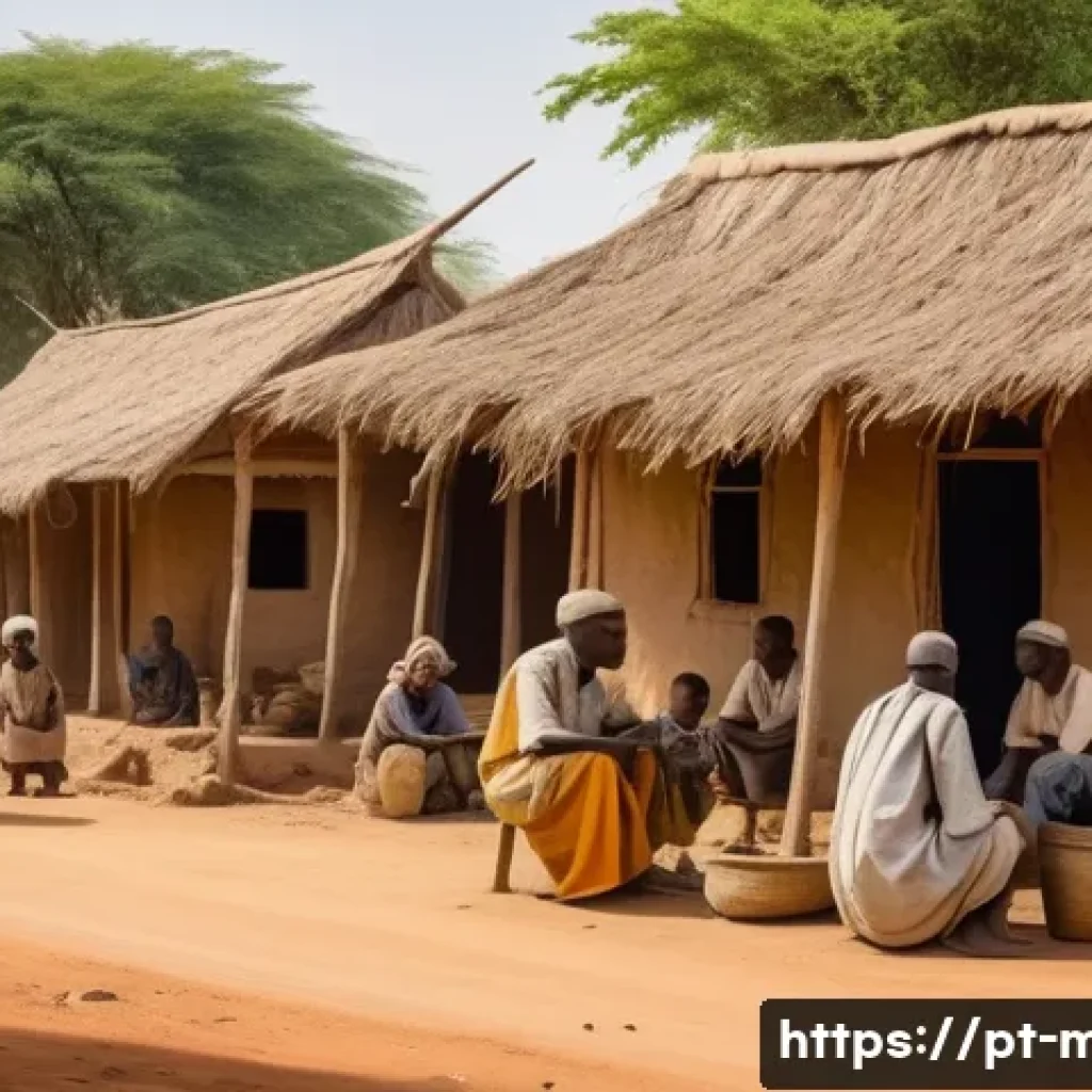 말리 독립 운동 - A vibrant scene depicting a rural Malian village during the colonial period, with farmers wearing tr...