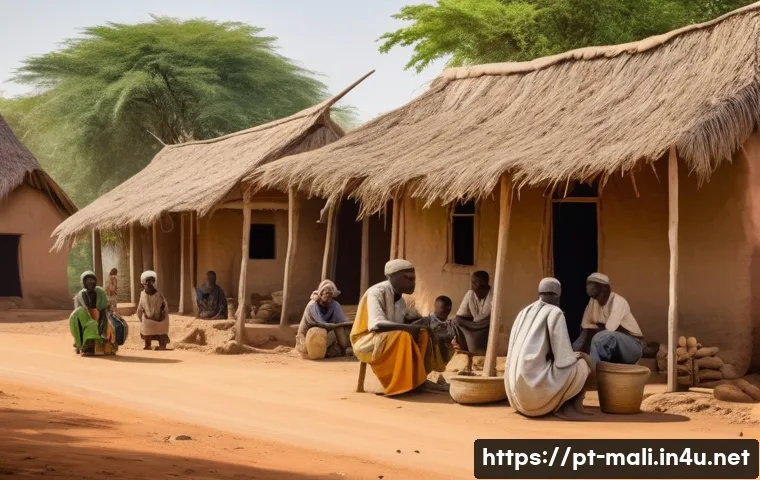 말리 독립 운동 - A vibrant scene depicting a rural Malian village during the colonial period, with farmers wearing tr...