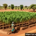 Home 22 말리에서의 기후 변화 대응 전략 - A vibrant rural Malian landscape during the dry season, featuring local farmers dressed in colorful ...