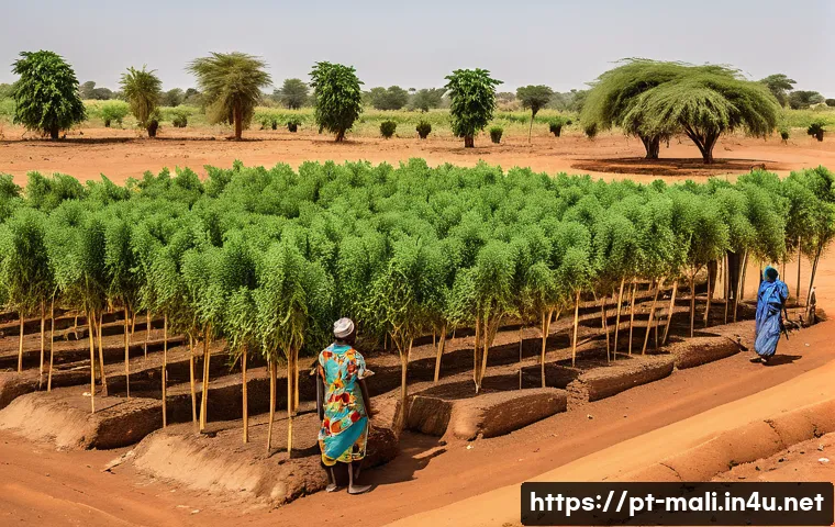 말리에서의 기후 변화 대응 전략 - A vibrant rural Malian landscape during the dry season, featuring local farmers dressed in colorful ...