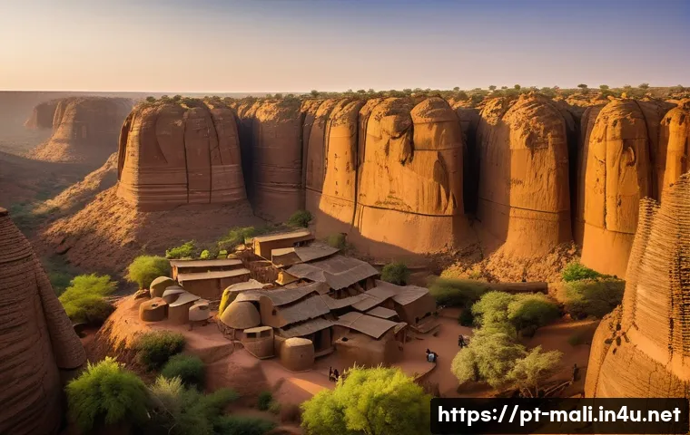 말리에서의 트레킹 코스 - A breathtaking panoramic view of the Bandiagara Escarpment in Mali during golden hour, showcasing to...