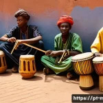 Home 20 말리에서의 청년 문화와 트렌드 - A vibrant street scene in Bamako featuring young Malian musicians performing a fusion of traditional...