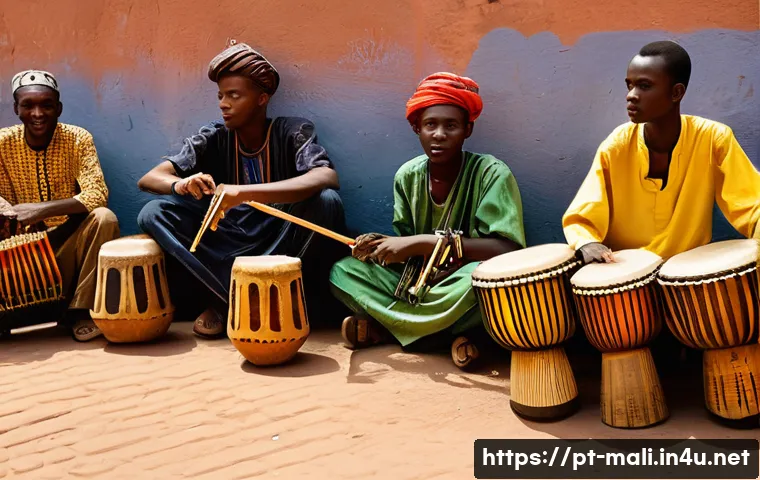 말리에서의 청년 문화와 트렌드 - A vibrant street scene in Bamako featuring young Malian musicians performing a fusion of traditional...