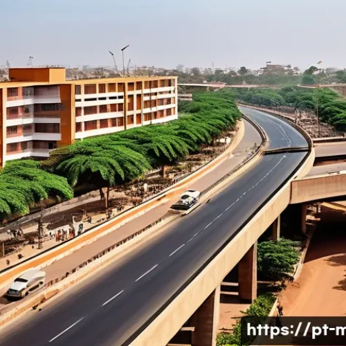 Home 31 말리와 중국의 경제 협력 - A bustling urban scene in Bamako, Mali, showcasing modern infrastructure development with newly cons...