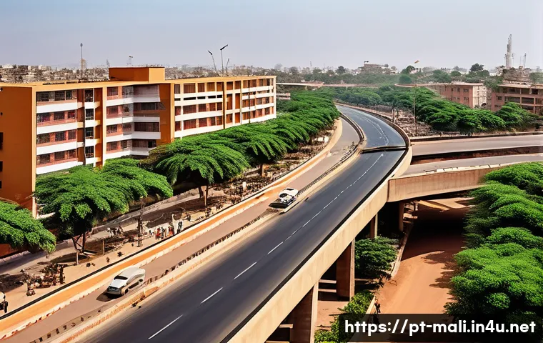 말리와 중국의 경제 협력 - A bustling urban scene in Bamako, Mali, showcasing modern infrastructure development with newly cons...
