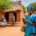 Home 18 말리의 핀테크 산업 - A vibrant rural Malian village scene showing a group of farmers and small merchants gathered around ...