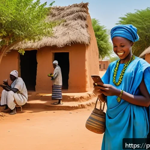 Home 30 말리의 핀테크 산업 - A vibrant rural Malian village scene showing a group of farmers and small merchants gathered around ...