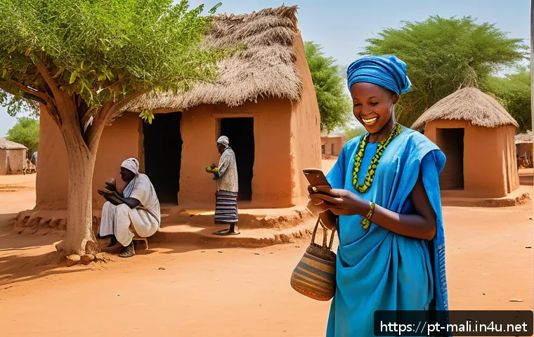 말리의 핀테크 산업 - A vibrant rural Malian village scene showing a group of farmers and small merchants gathered around ...