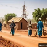 Home 23 말리 광산업과 자원 - A vibrant rural mining community scene in Mali, showing miners working with traditional tools wearin...