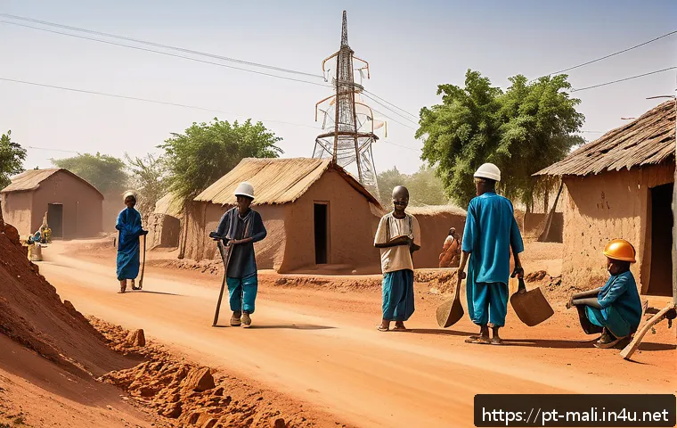 말리 광산업과 자원 - A vibrant rural mining community scene in Mali, showing miners working with traditional tools wearin...