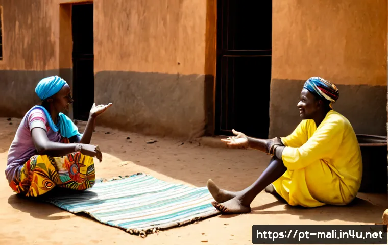 말리의 언어 다양성 - Photorealistic documentary scene in Mali, a diverse group of adult neighbors from different ethnic c...
